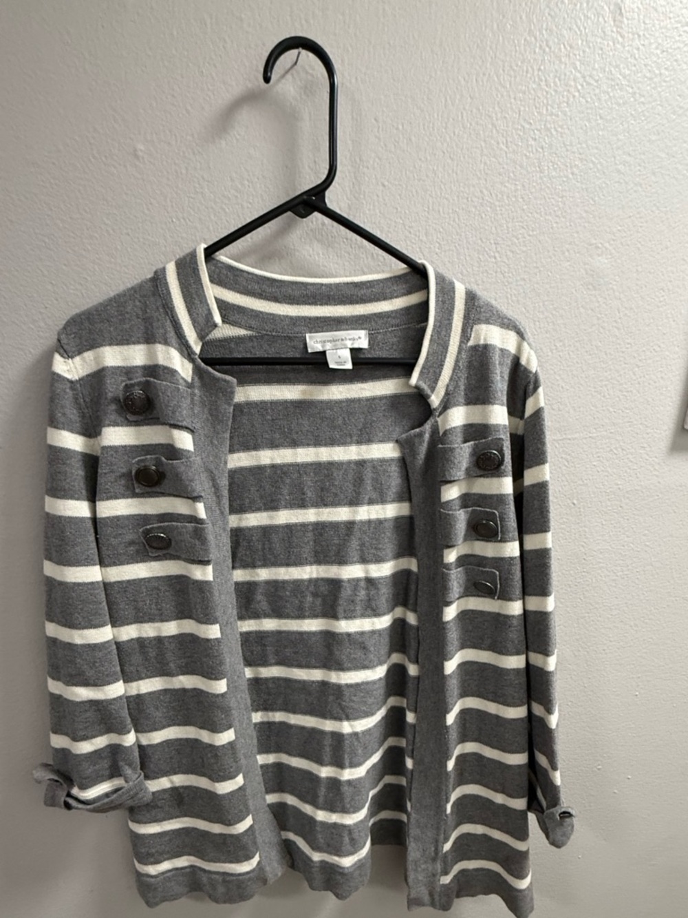 Striped Grey & Cream Button-Accent Christopher & Banks Cardigan